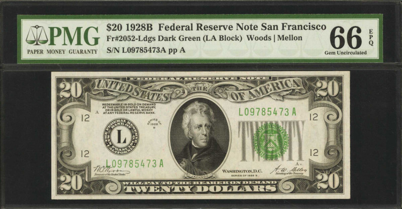 Fr. 2052-Ldgs. 1928B $20 Federal Reserve Note. San Francisco. PMG Gem Uncirculat...