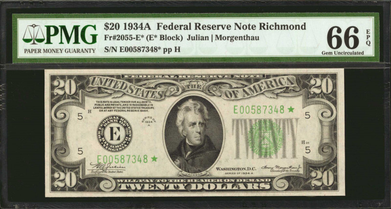 Fr. 2055-E*. 1934A $20 Federal Reserve Note Star Note. Richmond. PMG Gem Uncircu...