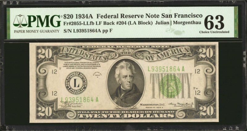 Fr. 2055-LLfb. 1934A $20 Federal Reserve Note. San Francisco. PMG Choice Uncircu...