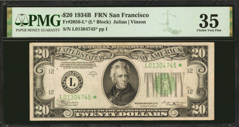 Fr. 2056-L*. 1934B $20 Federal Reserve Star Note. San Francisco. PMG Choice Very...