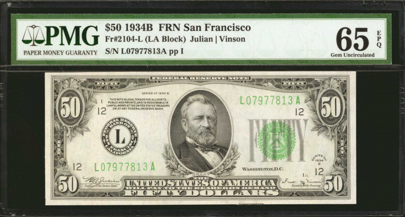 Fr. 2104-L. 1934B $50 Federal Reserve Note. San Francisco. PMG Gem Uncirculated ...