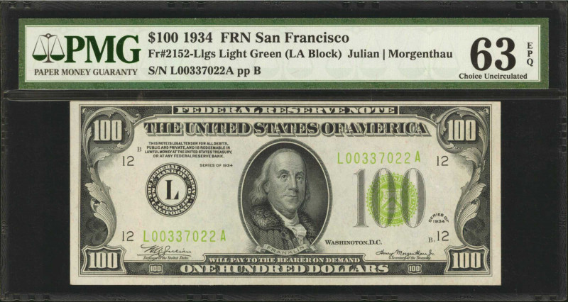 Fr. 2152-Llgs. 1934 $100 Federal Reserve Note. San Francisco. PMG Choice Uncircu...