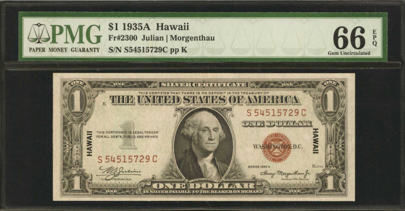 Fr. 2300. 1935A $1 Hawaii Emergency Note. PMG Gem Uncirculated 66 EPQ.

Wide m...