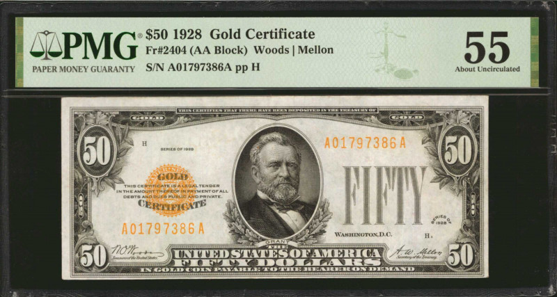 Fr. 2404. 1928 $50 Gold Certificate. PMG About Uncirculated 55.

This $50 Gold...