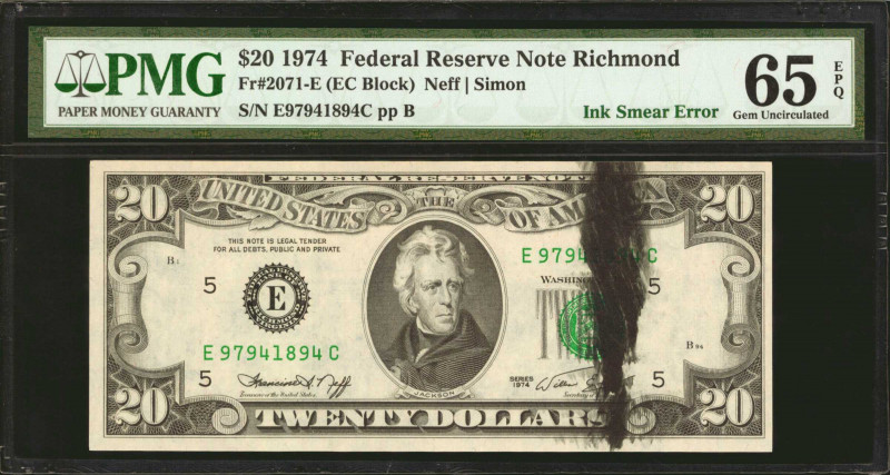 Fr. 2071-E. 1974 $20 Federal Reserve Note. Richmond. PMG Gem Uncirculated 65 EPQ...