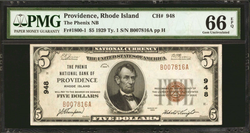 Providence, Rhode Island. $5 1929 Ty. 1. Fr. 1800-1. The Phenix NB. Charter #948...