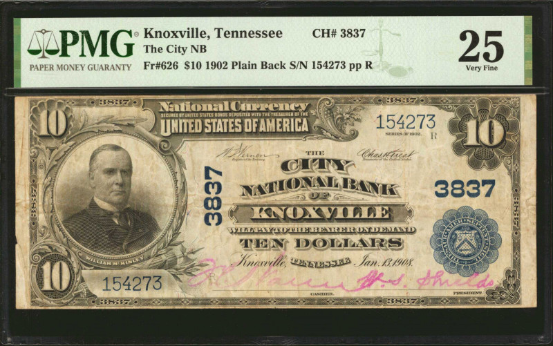 Knoxville, Tennessee. $10 1902 Plain Back. Fr. 626. The City NB. Charter #3837. ...