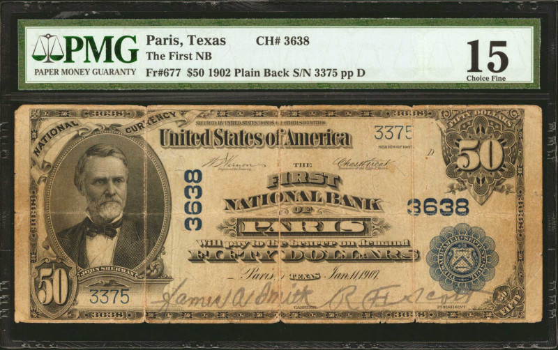 Paris, Texas. $50 1902. Fr. 677. The First NB. Charter #3638. PMG Choice Fine 15...