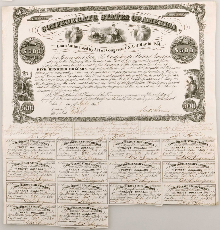 Confederate Bond. Ball 22. Cr. 12. Act of May 16th, 1861. $500.

Rarity 5+. Al...