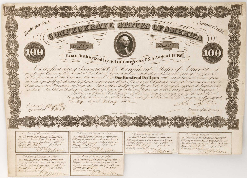 Confederate Bond. Ball 48. Cr. 27. Act of August 19th, 1861. $100.

Rarity 5. ...