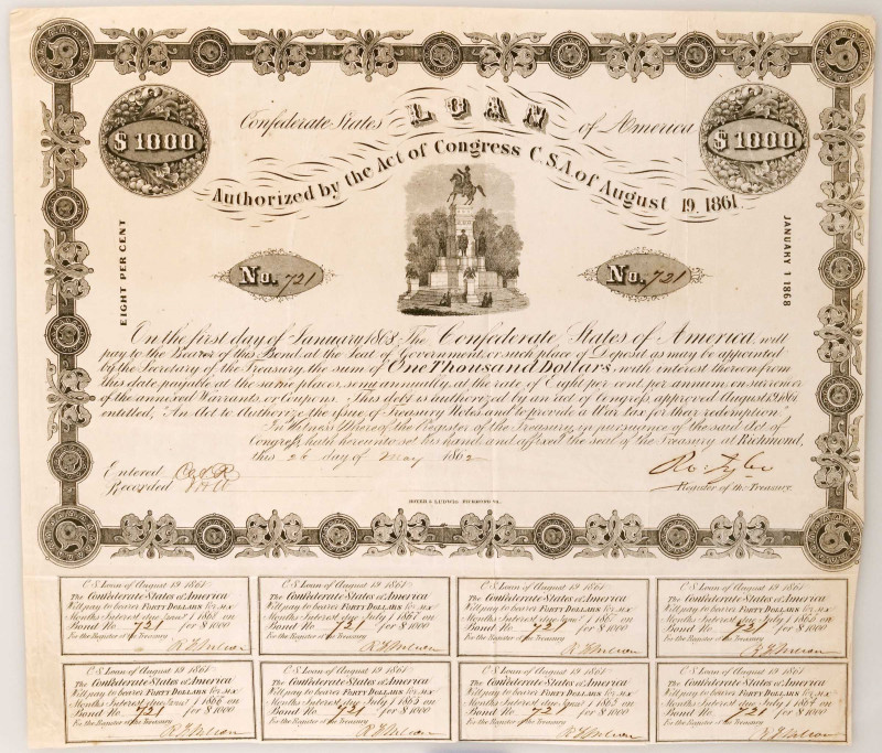 Confederate Bond. Ball 50. Cr. 82. Act of August 19th, 1861. $1000.

Rarity 5-...