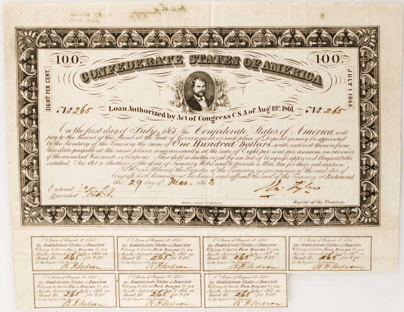 Confederate Bond. Ball 51. Cr. 28. Act of August 19th, 1861. $100.

Rarity 5. ...