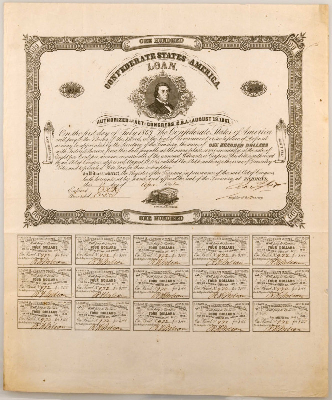 Confederate Bond. Ball 54. Cr. 29. Act of August 18th, 1861. $100.

Rarity 3+....