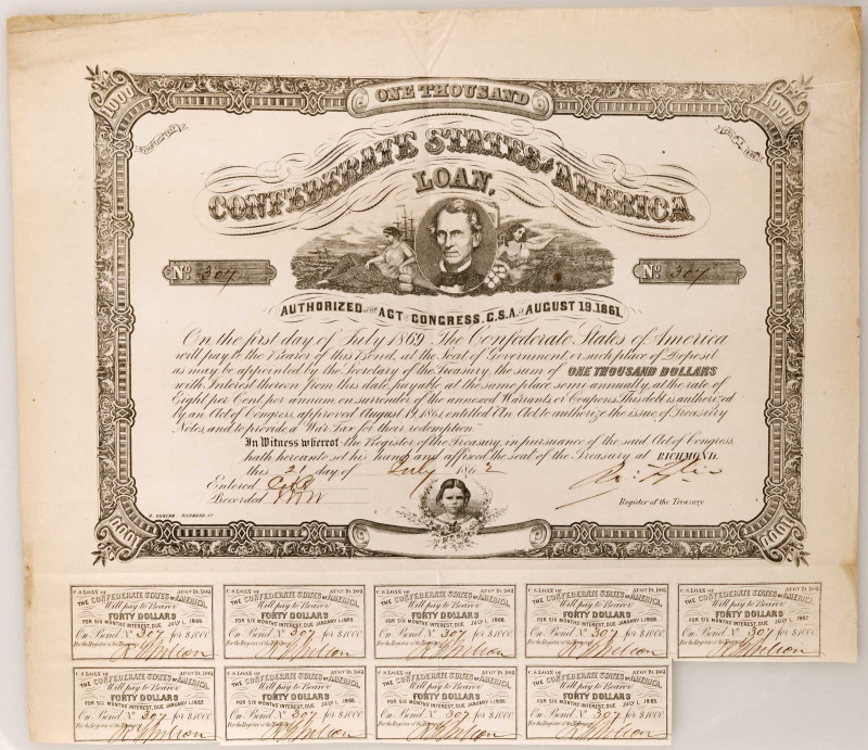 Confederate Bond. Ball 56. Cr. 84. Act of August 19th, 1861. $1000.

Rarity 5....