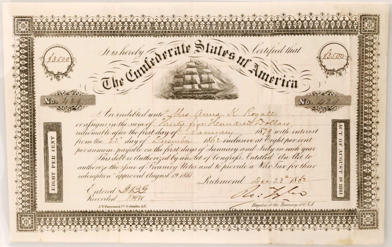 Confederate Bond. Ball 139. Cr. 103. Act of August 19th, 1861. $3500.

Rarity ...