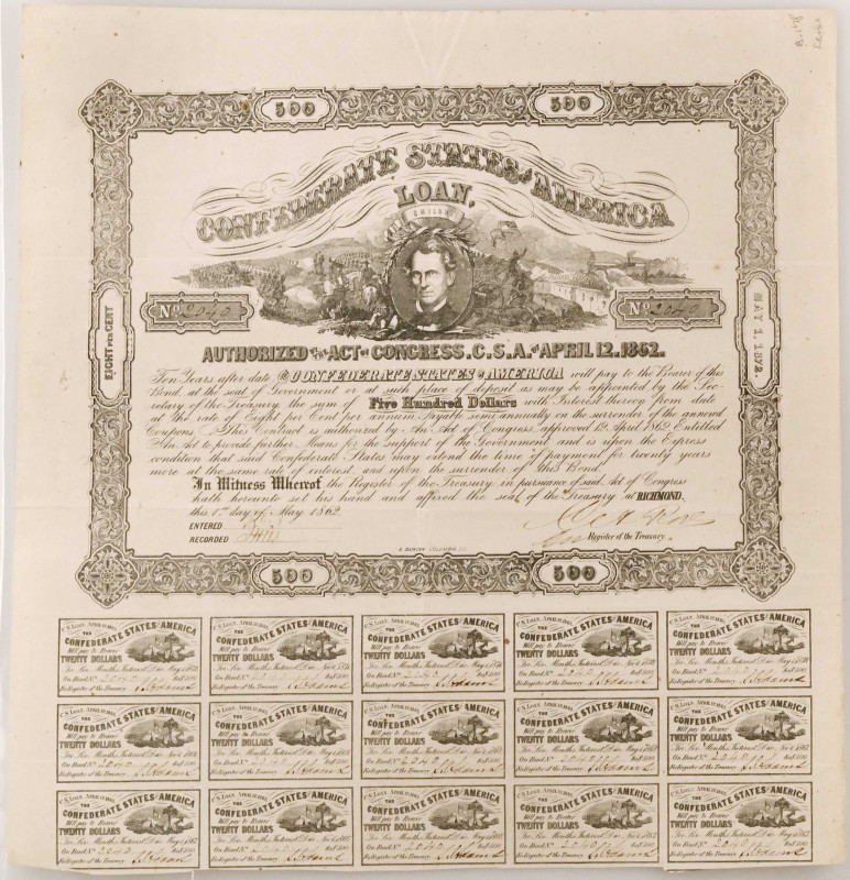 Confederate Bond. Ball 148. Cr 111. Act of April 12th, 1862. $500.

Rarity 4-....