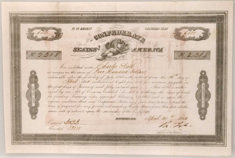 Confederate Bond. Ball 211. Cr. 126. Act of February 20th, 1863. $500.

Rarity...