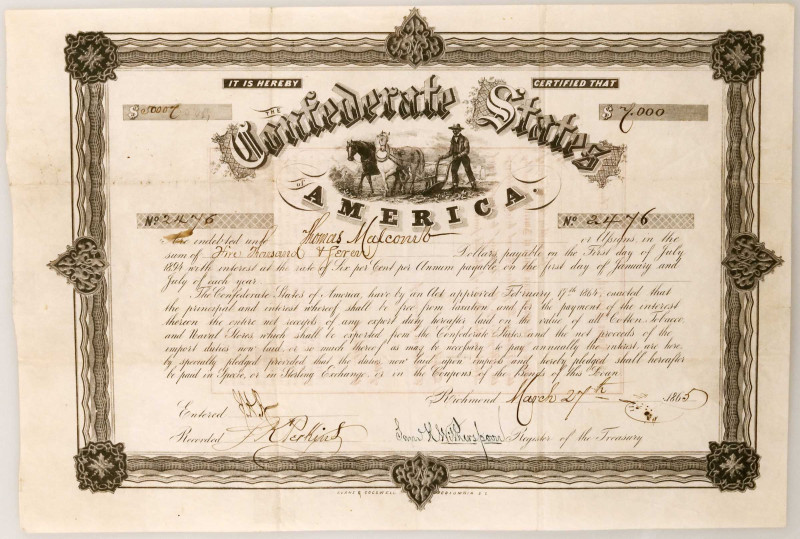 Confederate Bond. Ball 341. Cr. 161. Issued March 27th, 1865. $5000.

Rarity 8...