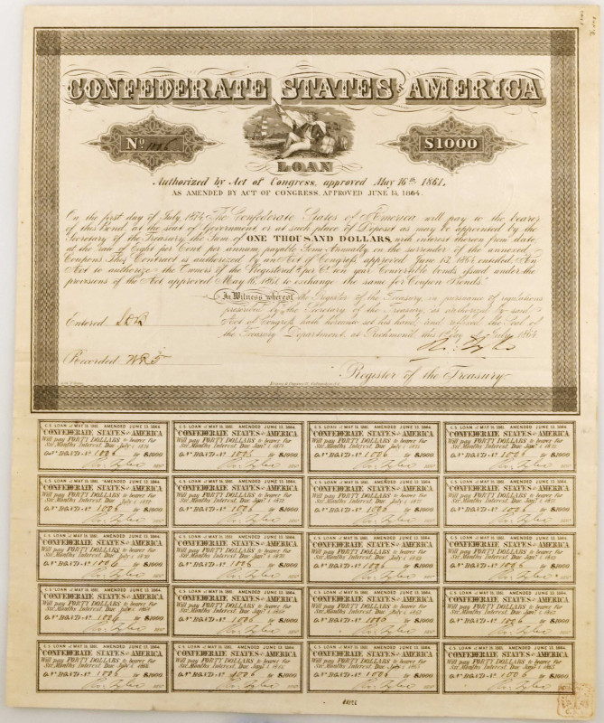 Confederate Bond. Ball 384. Cr. 165. Act of May 16th, 1861; Amended June 13th, 1...