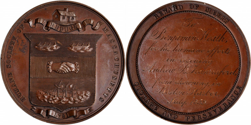 1859 Humane Society of Massachusetts Life Saving Medal. By Benjamin Wyon. Obvers...