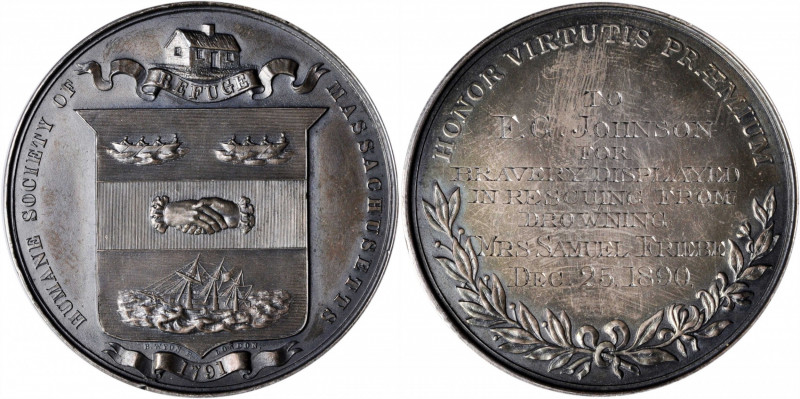 1890 Humane Society of Massachusetts Life Saving Medal. By Benjamin Wyon. Obvers...