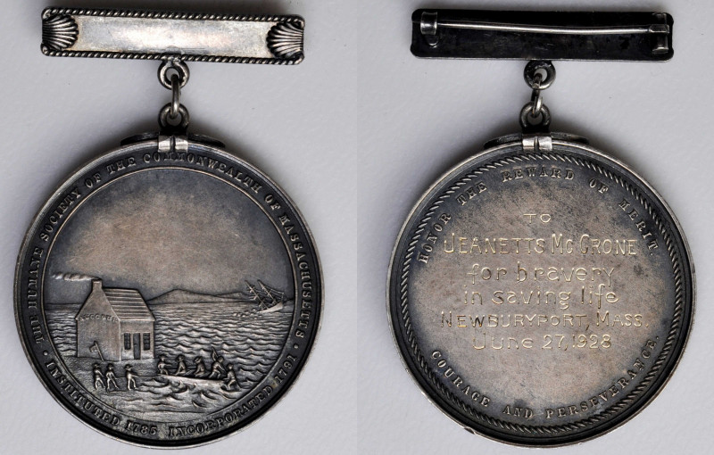 1928 Humane Society of the Commonwealth of Massachusetts Life Saving Medal. Silv...