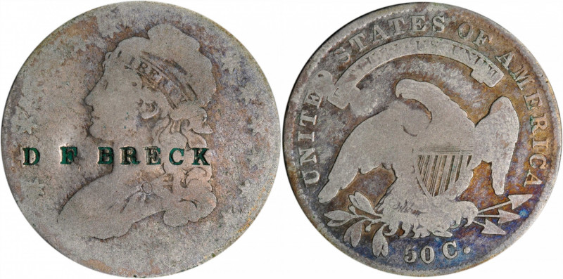 D F BRECK on the obverse of a undated (ca. 1830) Capped Bust half dollar. Brunk-...