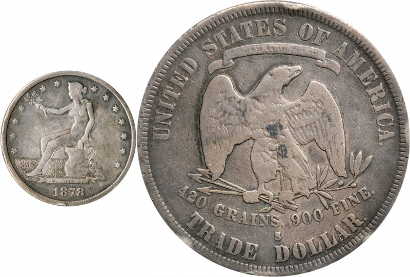 1878-S "Potty" Trade Dollar. Host coin Fine.

Liberty is nude and sitting on a...