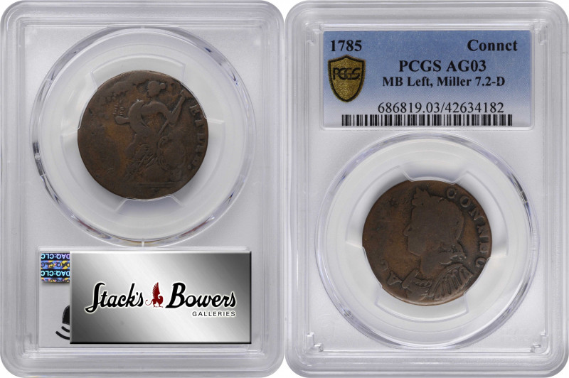 1785 Connecticut Copper. Miller 7.2-D, W-2445. Rarity-5+. Bust Left. AG-3 (PCGS)...