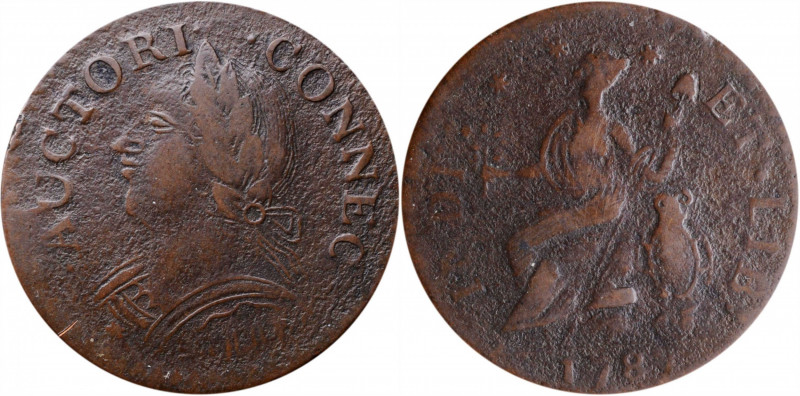 1787 Connecticut Copper. Miller 6.1-M, W-2820. Rarity-1. Mailed Bust Left, Laugh...