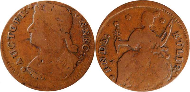 1787 Connecticut Copper. Miller 33.31-gg.2, W-3825. Rarity-5+. Draped Bust Left,...