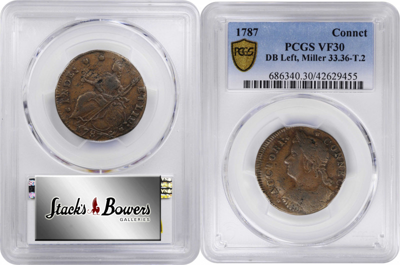 1787 Connecticut Copper. Miller 33.36-T.2, W-3900. Rarity-3. Draped Bust Left, S...