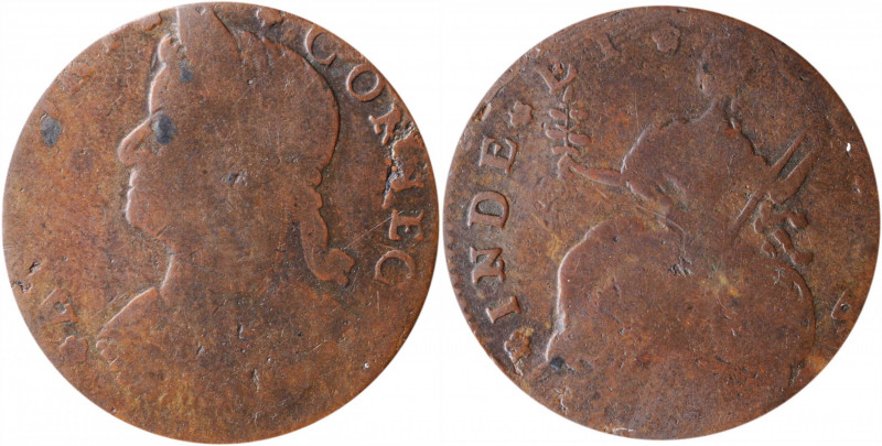 1788 Connecticut Copper. Miller 14.2-A.2, W-4580. Rarity-5. Draped Bust Left. Ve...