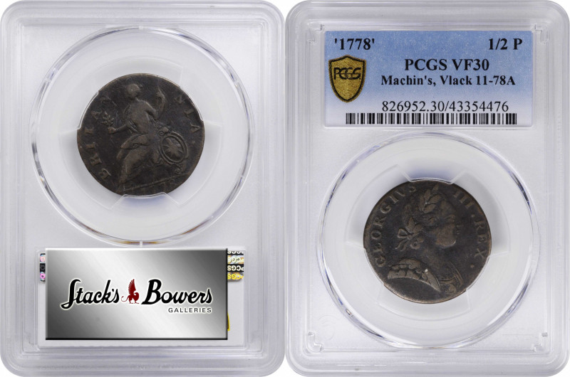 1778 Machin's Mills Halfpenny. Vlack 11-78A, W-7820. Rarity-3. GEORGIVS III, Gro...