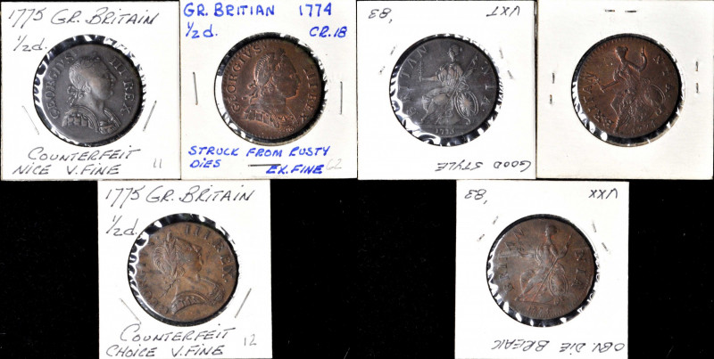 Lot of (3) Contemporary Counterfeit English Halfpennies. George III Type. Extrem...