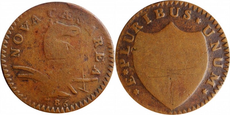 1786 New Jersey Copper. Maris 19-M, W-4900. Rarity-5. Curved Plow Beam, Drunken ...