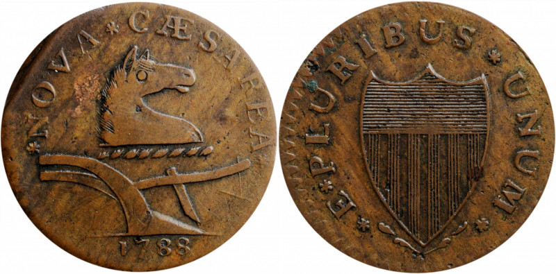 1788 New Jersey Copper. Maris 67-v, W-5510. Rarity-1. Head Right, Brushed Mane. ...