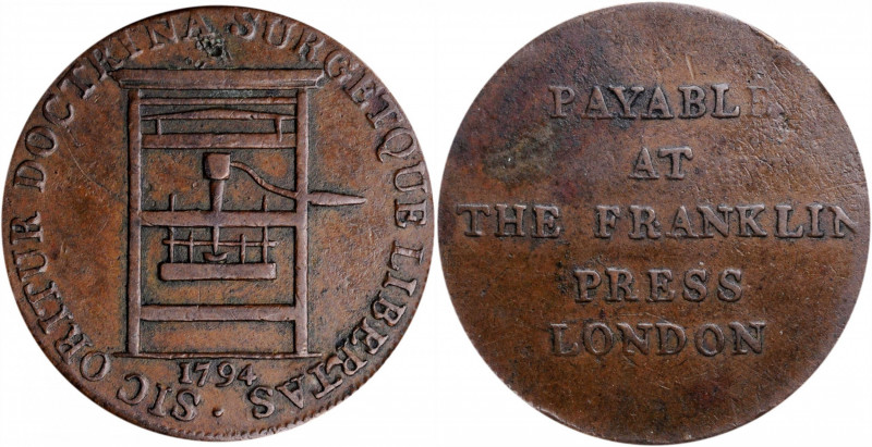 1794 Franklin Press Token. W-8850. Rarity-1. Plain Edge. Very Fine.

114.51 gr...