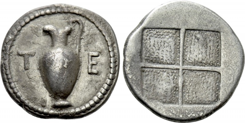 MACEDON. Terone. Tetrobol (Circa 424-422 BC). 

Obv: T - E. 
Oinochoe.
Rev: ...