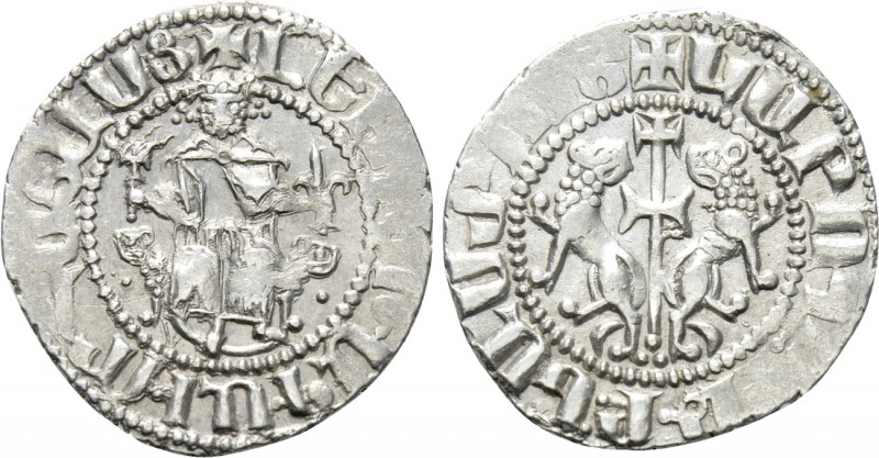 ARMENIA. Levon I (1198-1219). Tram. 

Obv: Levon seated facing on leonine thro...