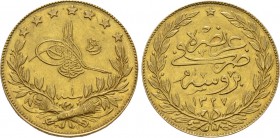 OTTOMAN EMPIRE. Mehmed V Reşâd (AH 1327-1336 / 1909-1918 AD). GOLD 100 Kurush or Liralık. Brusa (Bursa). Dated AH 1327//1 (1909 AD).