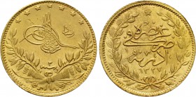 OTTOMAN EMPIRE. Mehmed V Reşâd (AH 1327-1336 / 1909-1918 AD). GOLD 50 Kurush or Yarım liralık. Edirne. Dated AH 1327//2 (1910 AD).