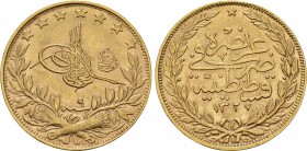 OTTOMAN EMPIRE. Mehmed V Reşâd (AH 1327-1336 / 1909-1918 AD). GOLD 100 Kurush or Liralık. Qustantiniya (Constantinople). Dated AH 1327//9 (1917 AD)....