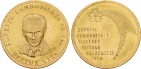 TURKEY. GOLD 500 Lira (1973). Commemorating the 50th Anniversary of the Republic.