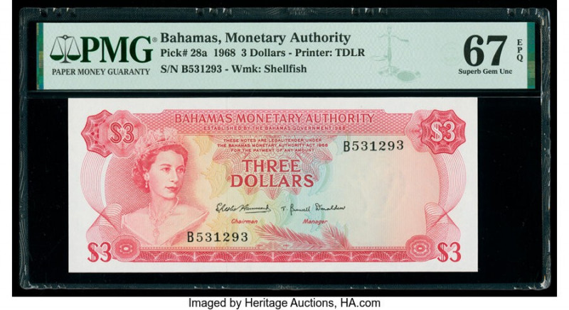 Bahamas Monetary Authority 3 Dollars 1968 Pick 28a PMG Superb Gem Unc 67 EPQ. 

...