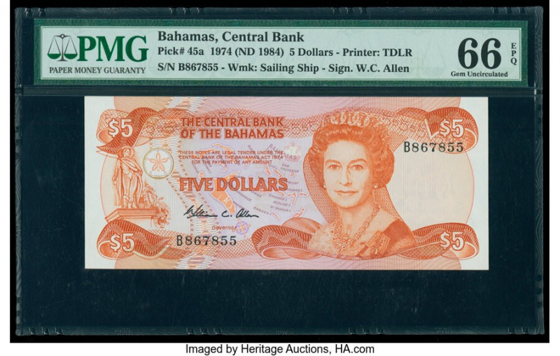 Bahamas Central Bank 5 Dollars 1974 (ND 1984) Pick 45a PMG Gem Uncirculated 66 E...