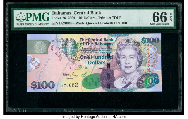 Bahamas Central Bank 100 Dollars 2009 Pick 76 PMG Gem Uncirculated 66 EPQ. 

HID...