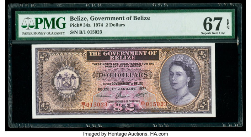Belize Government of Belize 2 Dollars 1.1.1974 Pick 34a PMG Superb Gem Unc 67 EP...