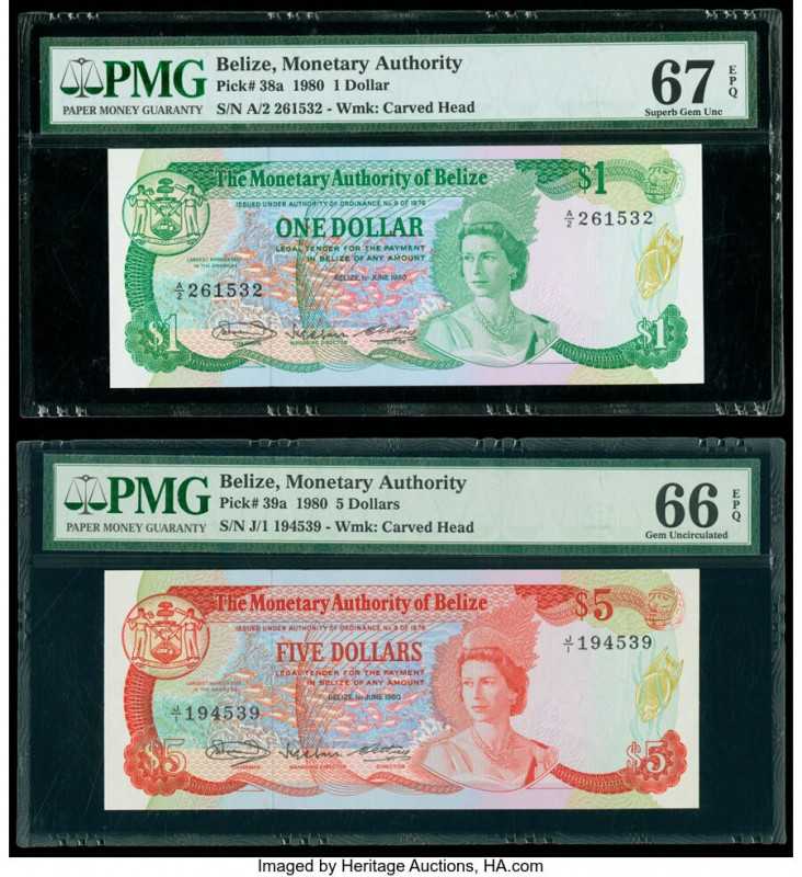 Belize Monetary Authority 1; 5 Dollars 1.6.1980 Pick 38a; 39a Two Examples PMG S...