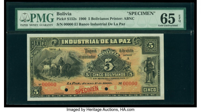 Bolivia Banco Industrial de La Paz 5 Bolivianos 1900 Pick S152s Specimen PMG Gem...